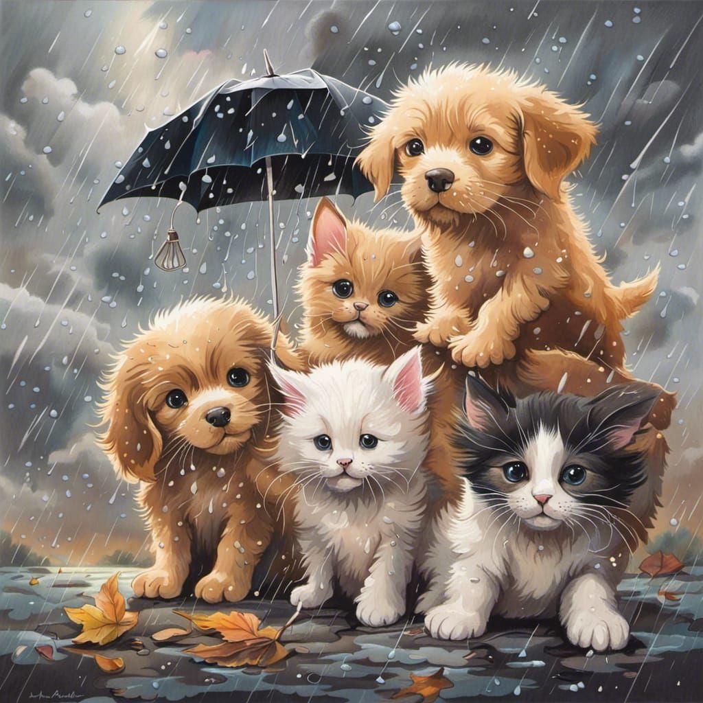 Puppies and Kittens Falling From Rain Clouds as Gouache Pain...