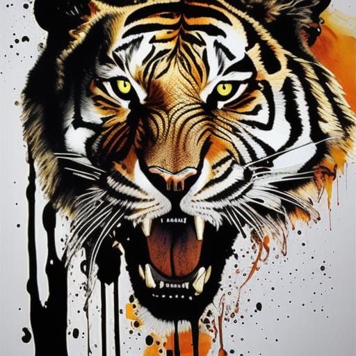 Eldritch Tiger Radiating Magic Flames, Ink Splatter Art