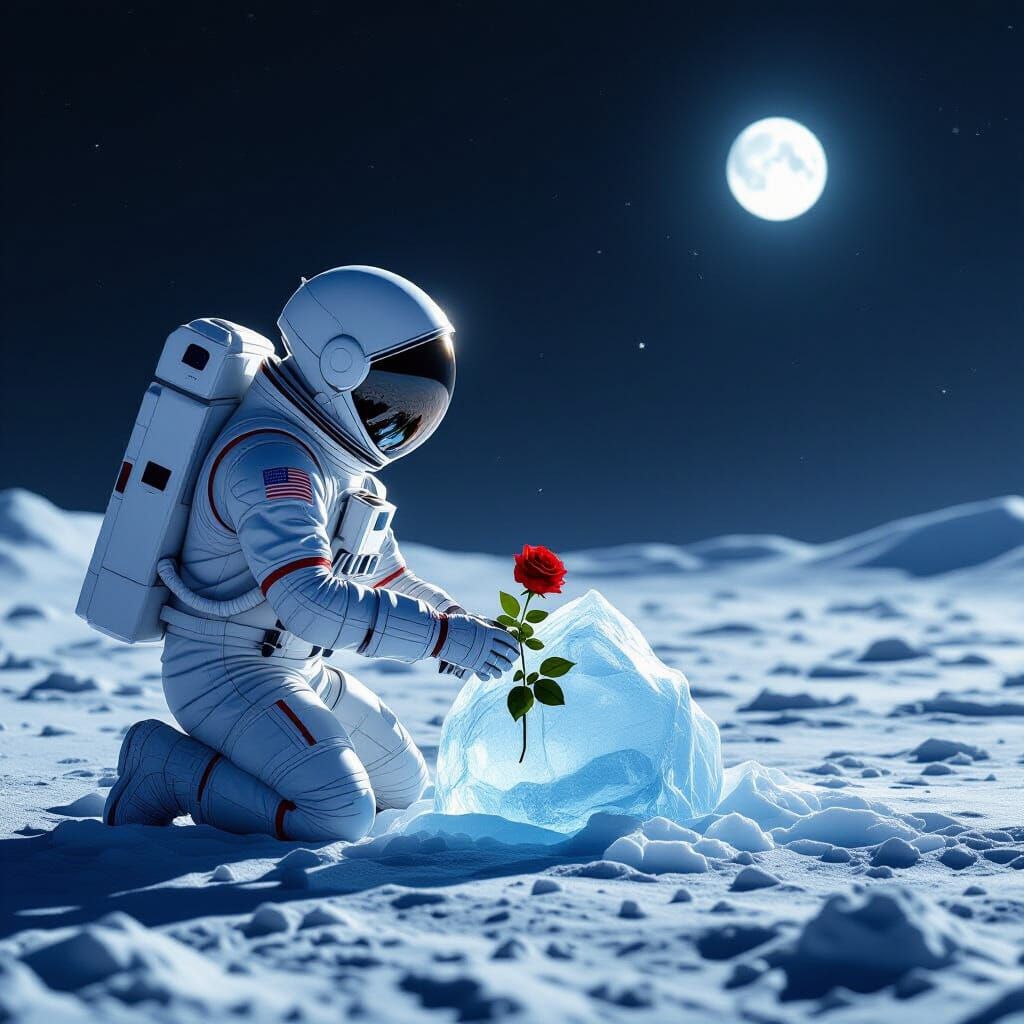 Astronaut Finds Ice-Encased Rose on Moonscape