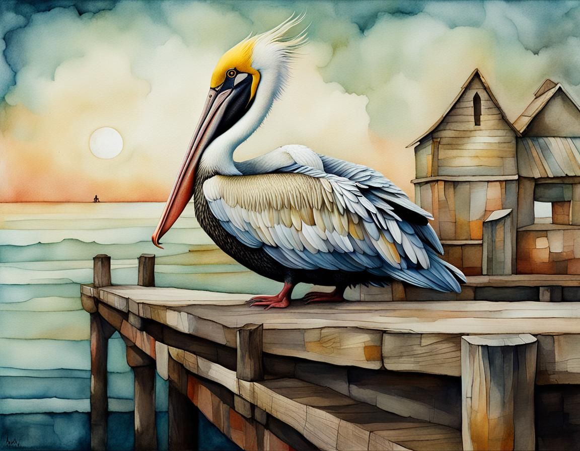 Whimsical Pelican Illustration Sleeping on Jetty