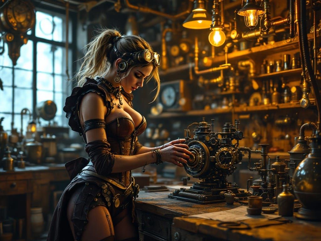 Steampunk Inventor Tinkers with Fantastical Machine in Indus...