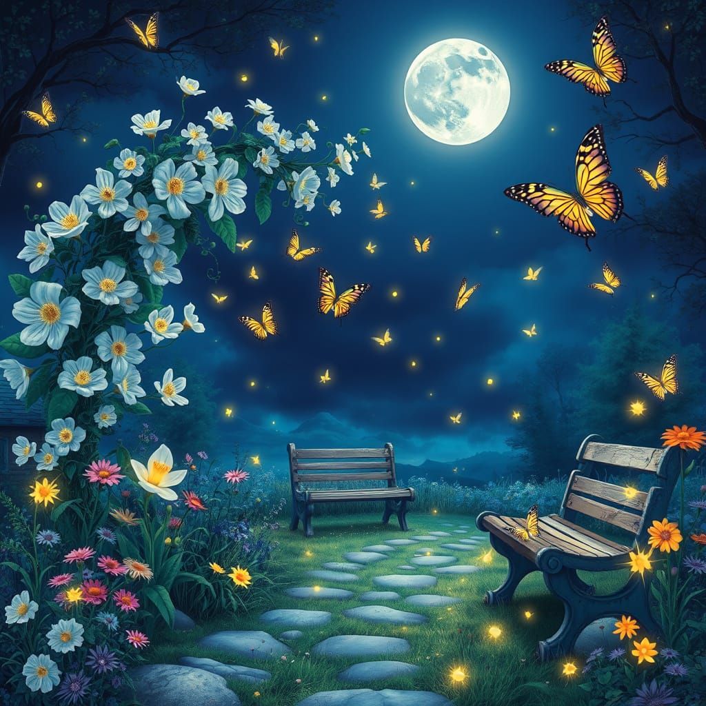 Magical Garden of Glowing Moonflowers and Butterflies