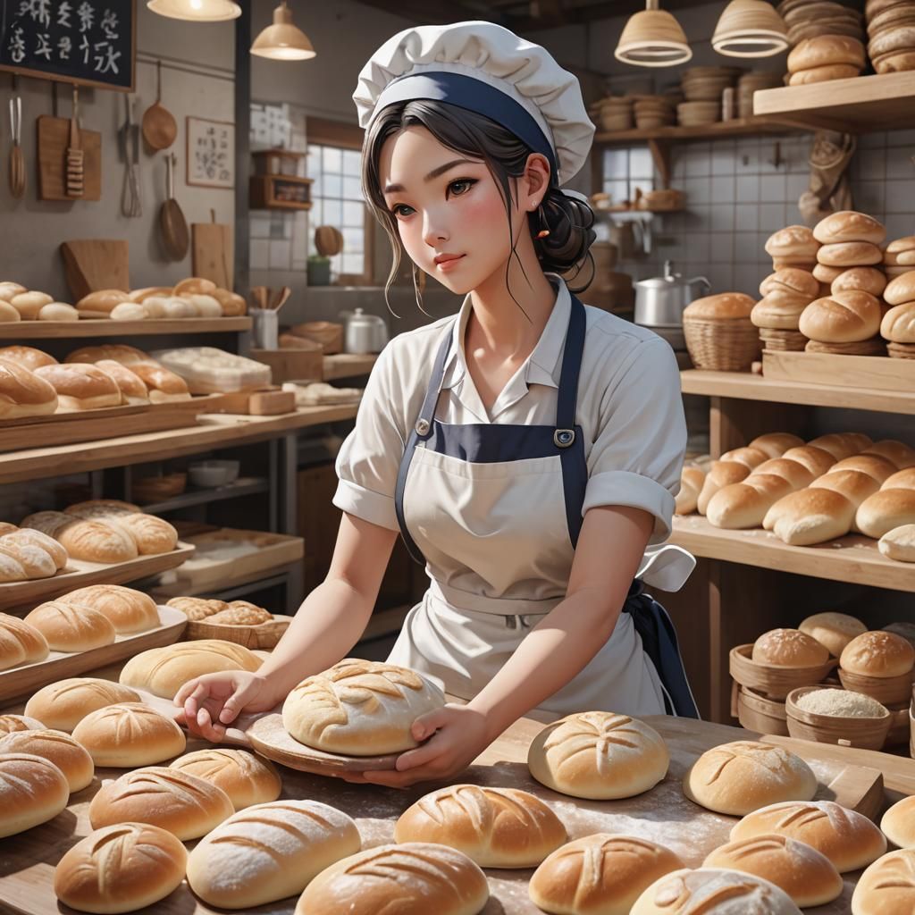 Anime Baker Kneading Dough in a Bakery, 3D Art