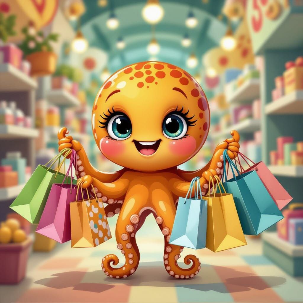 Cheerful Octopus Shopping Spree in Playful Artistic Style