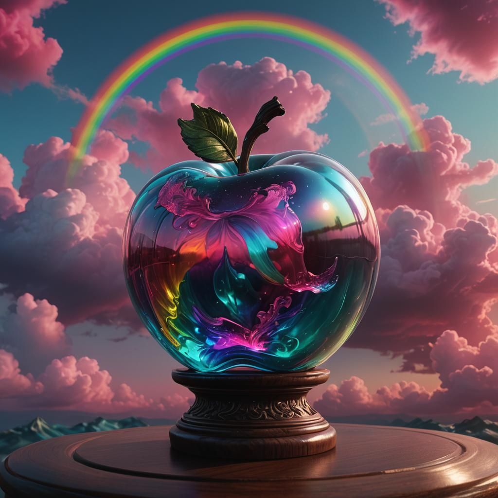 Rainbow Glass Apple on Pedestal: Digital Matte Painting