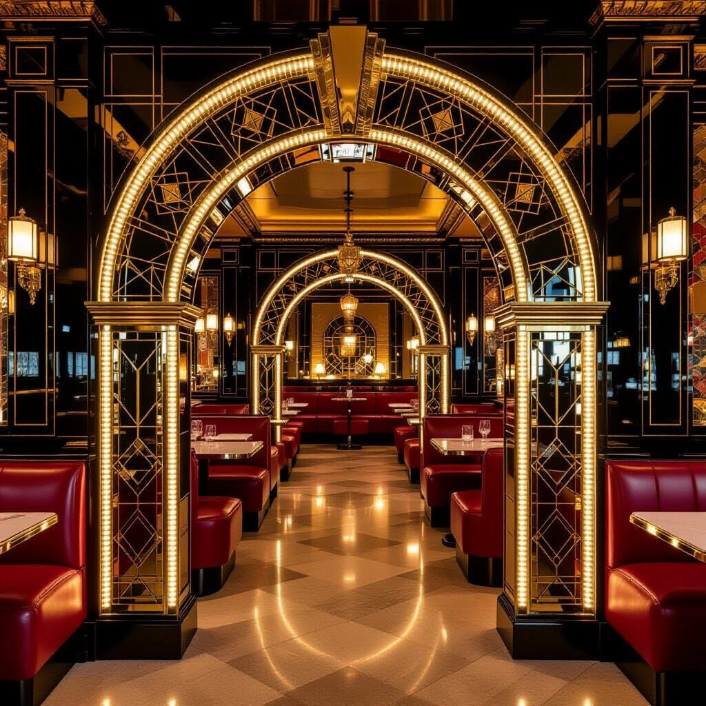 Vibrant Art Deco Archway: Cocktail Lounge to Dining Room