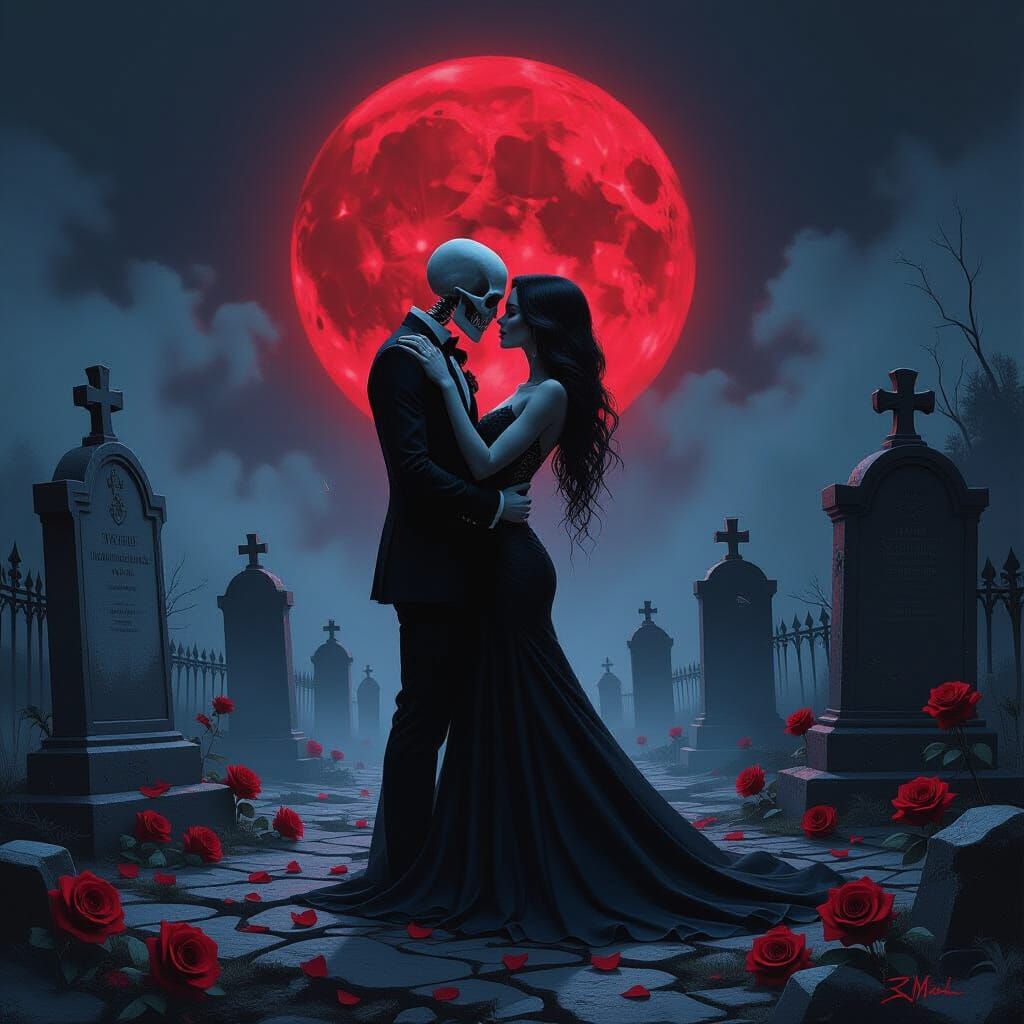 Skeletal Lovers Embrace Under Crimson Moon