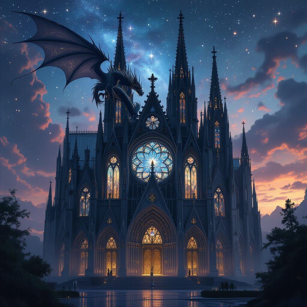 Crystal Gothic Cathedral with Nebula Sky, Art Nouveau Style