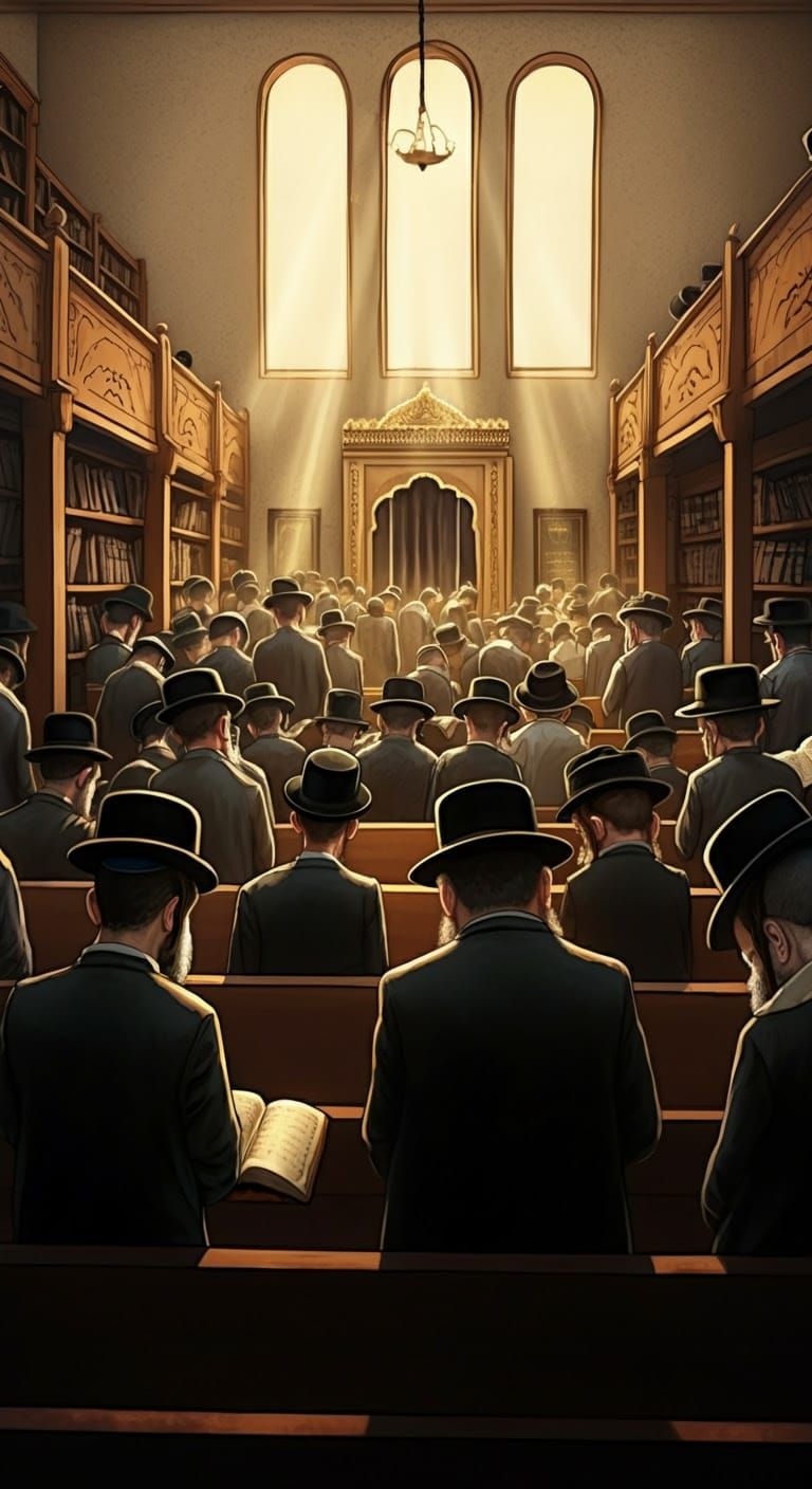 Hasidic Prayer Room Illustration with Comic Elements