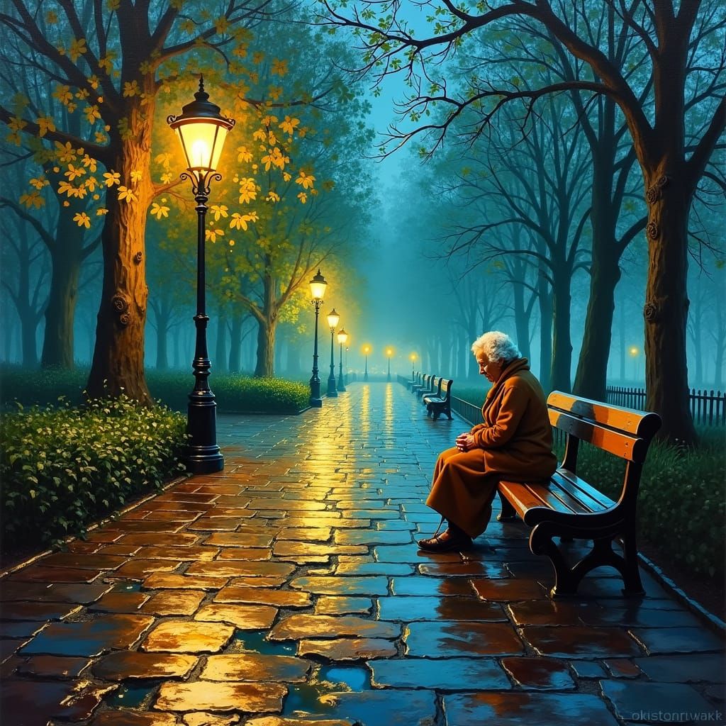 City Park at Night: Impasto Oil Painting