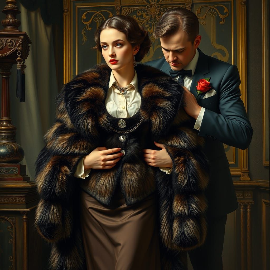 Elegant Woman in Furs, Art Nouveau Style