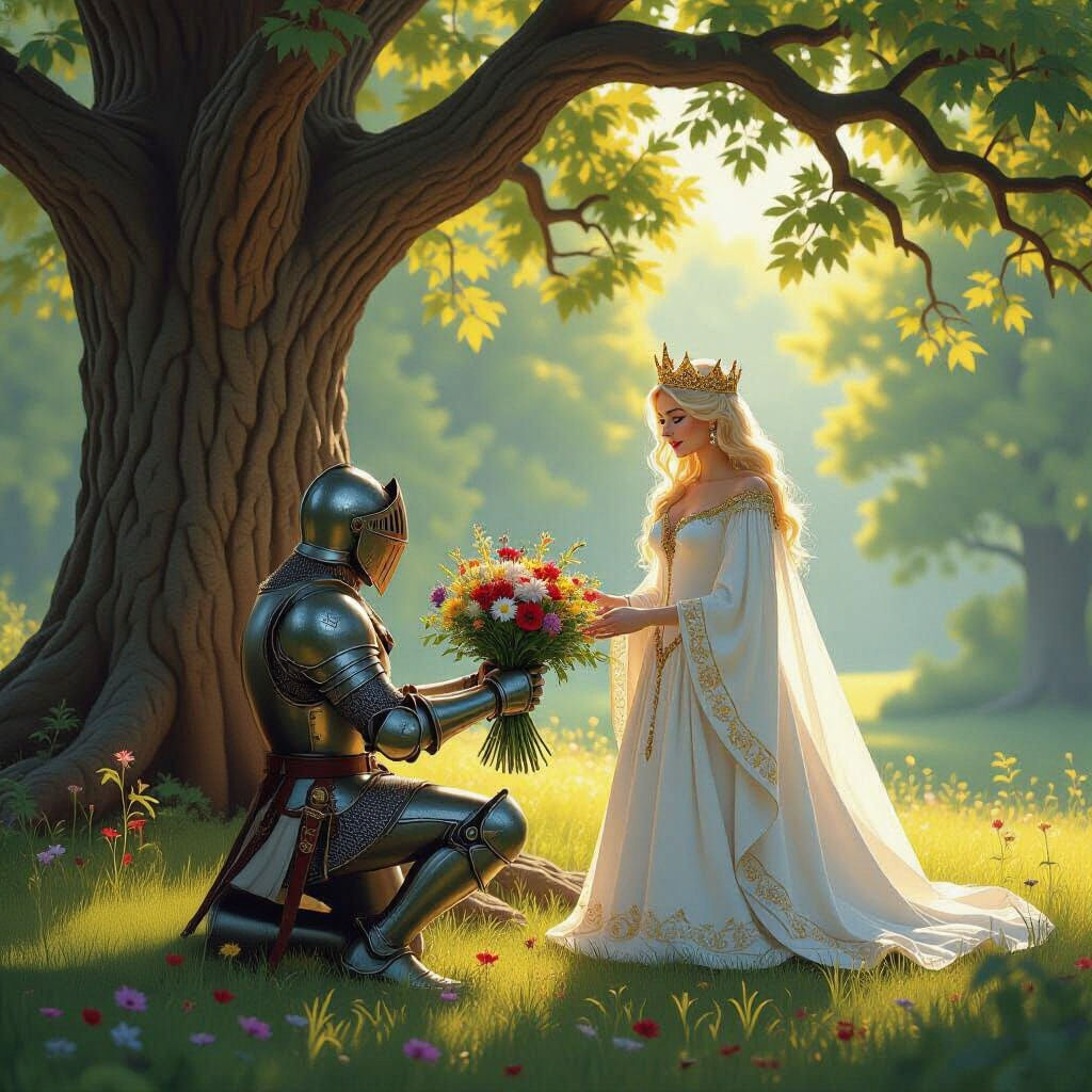 Knight Offers Flowers to Forest Queen