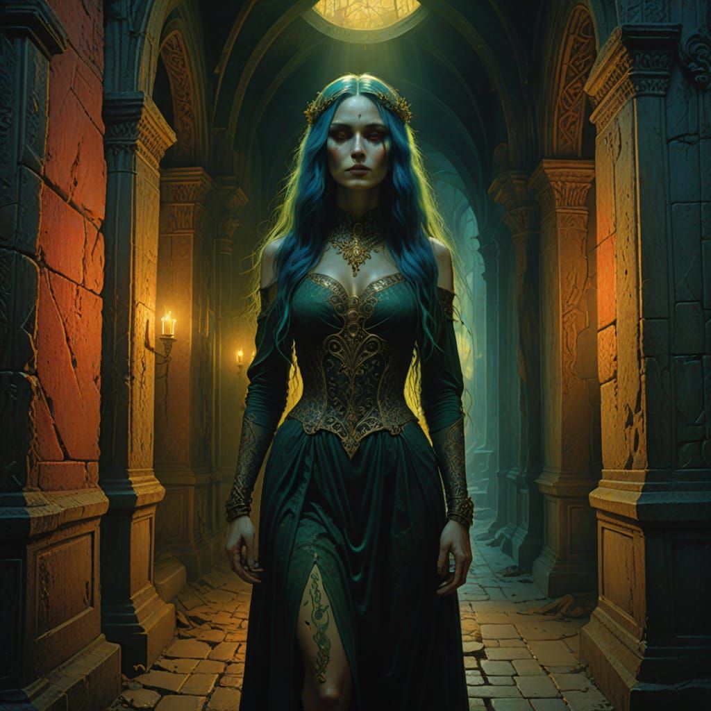 Elegant Dark Fantasy Woman in Gothic Corridor
