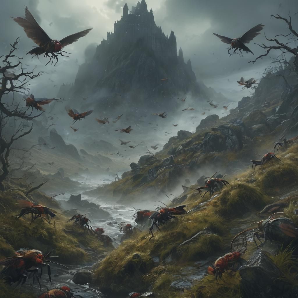 Midges Attack Tourists in Dark Fantasy Landscape