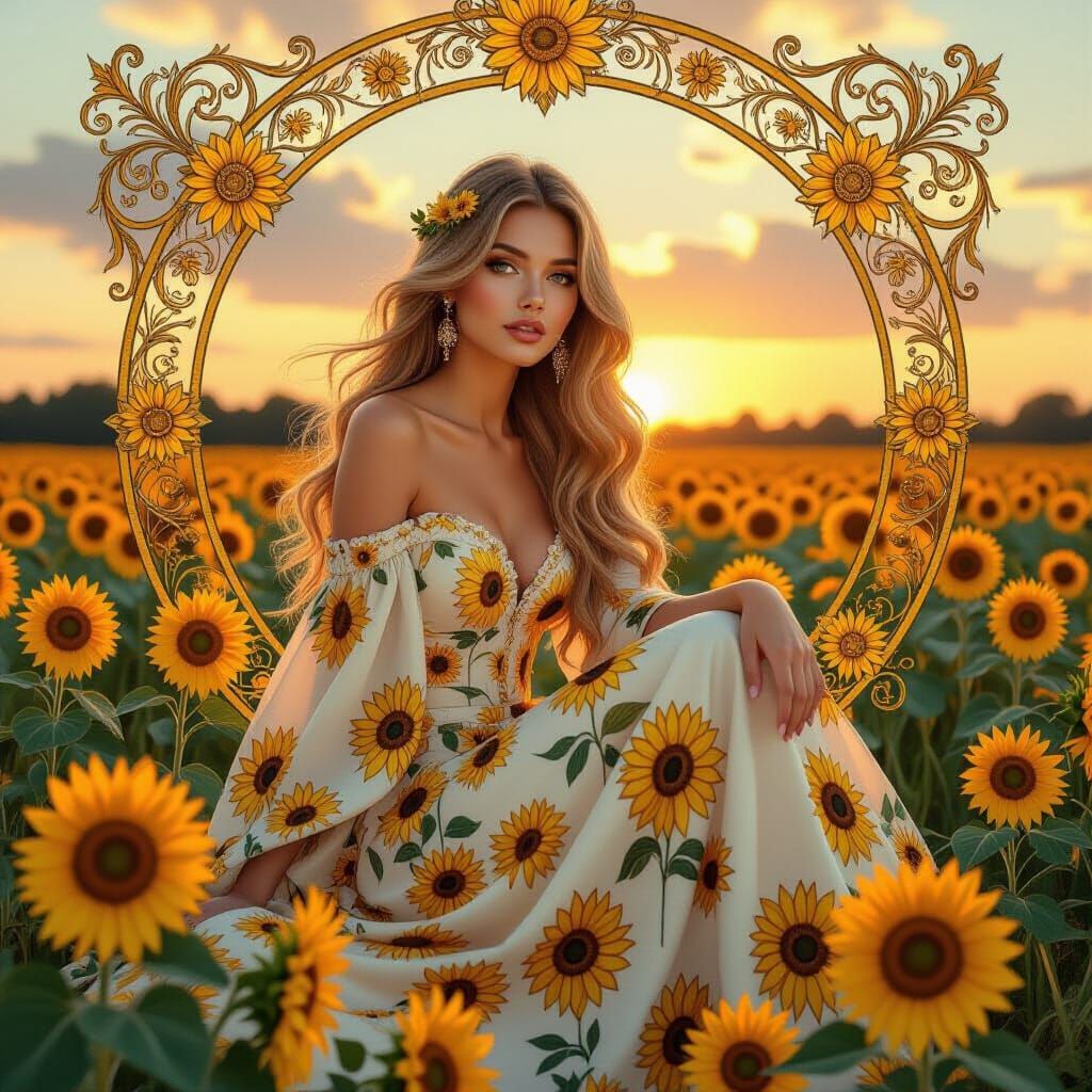 Art Nouveau Woman in Sunflower Field at Sunset