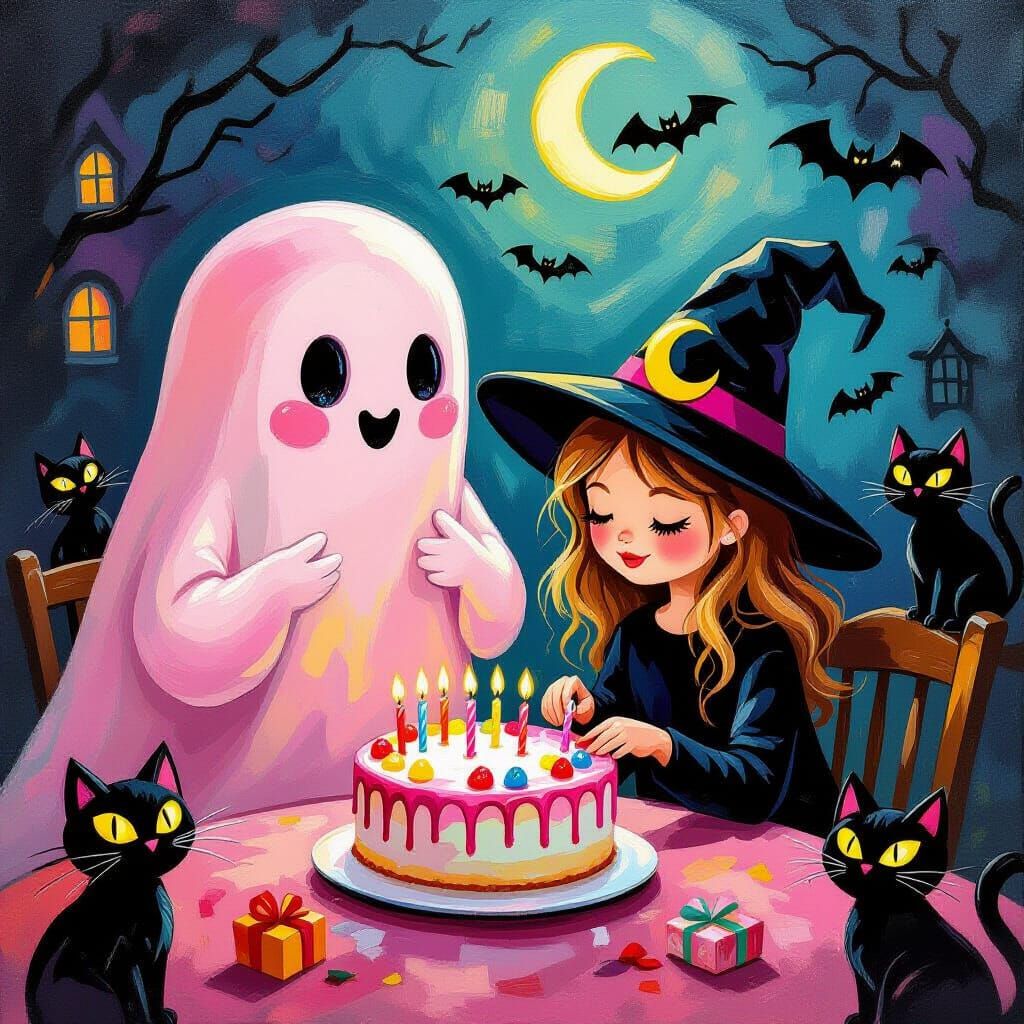 Ghost and Witch Celebrate Birthday in Thick Oil Painting Sty...