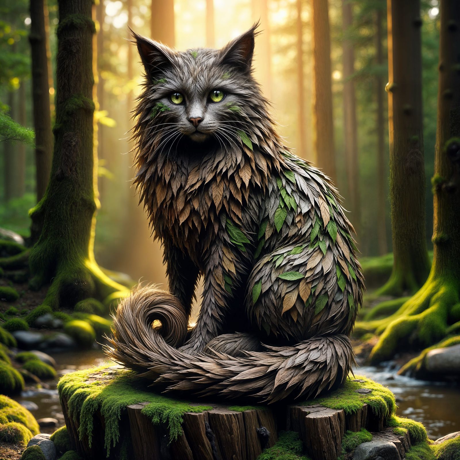 Norwegian Forest Cat Sculpted from Tree Bark