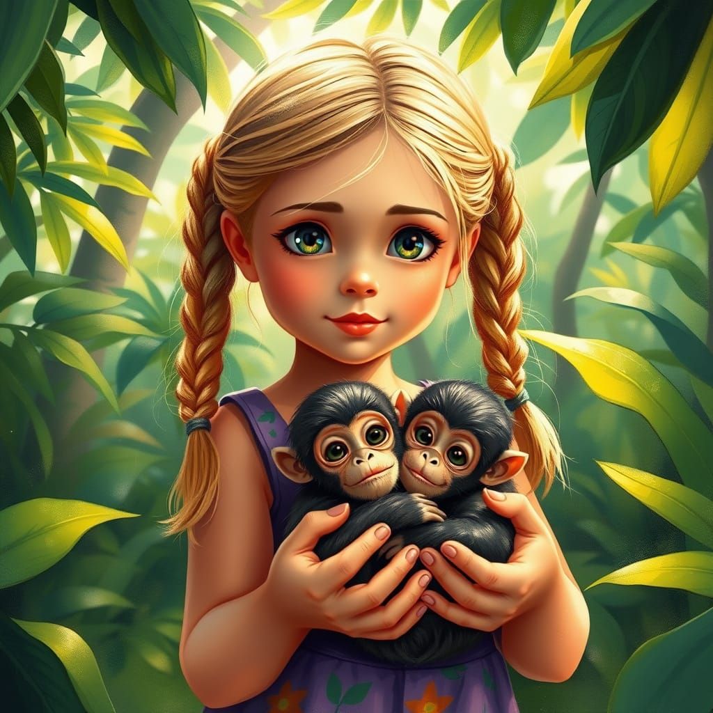 Girl with Blonde Braids Holds Baby Monkey in Rainforest