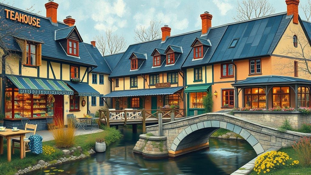 Charming Village Teahouse in Impressionist Style