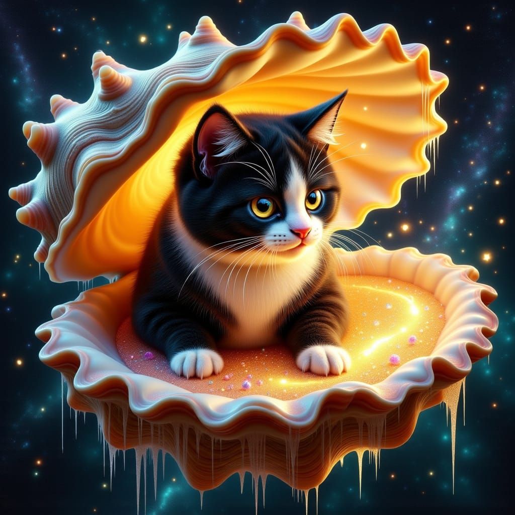 Starry Seashell Drifts with Celestial Cat