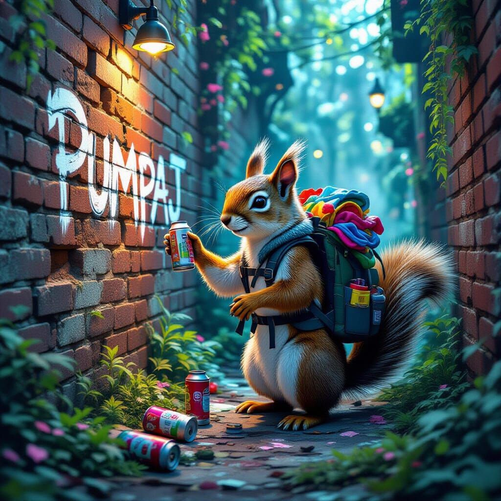 Squirrel Graffiti Artist in Bioluminescent Forest
