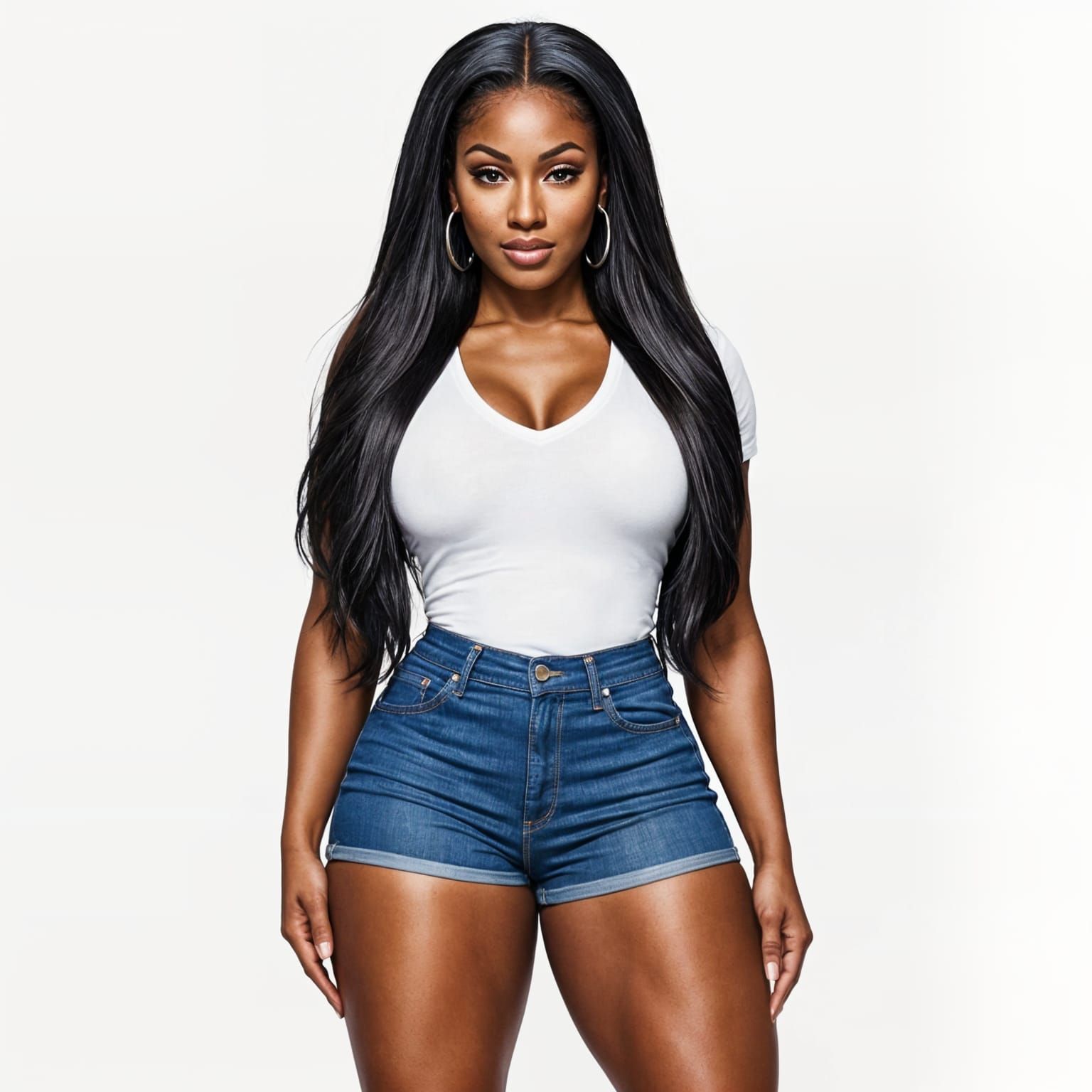 Curvaceous Woman Posing in T-Shirt and Denim Shorts