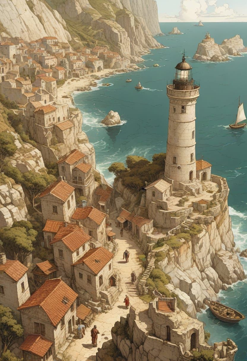 Ancient Greek Lighthouse in a Coastal Town