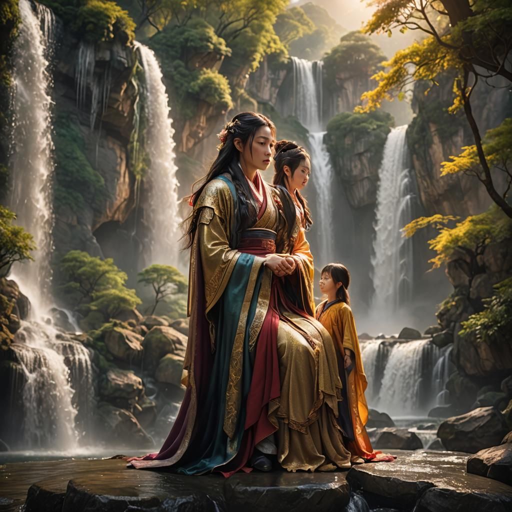 Epic Close-Up Portrait with Waterfalls, Photorealistic Rende...