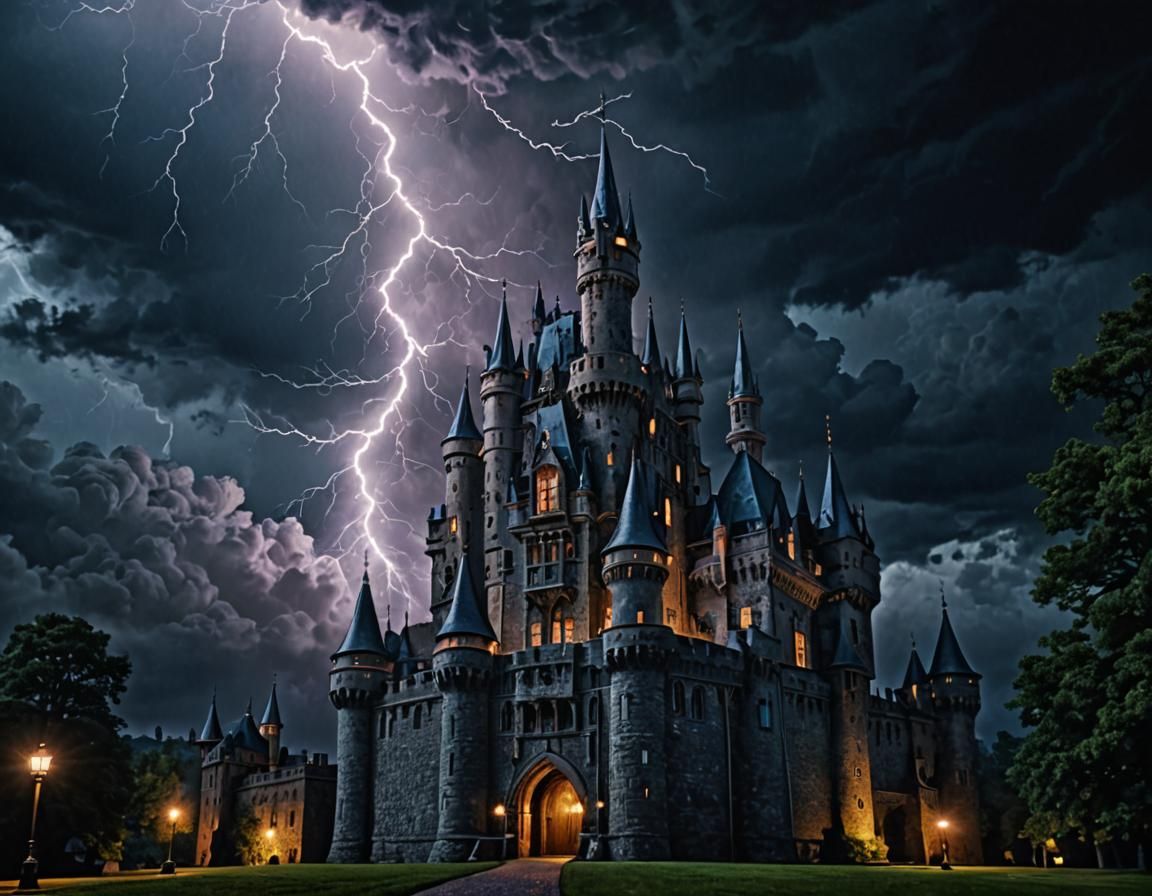 Stormy Night: Majestic Castle in Modernist Style