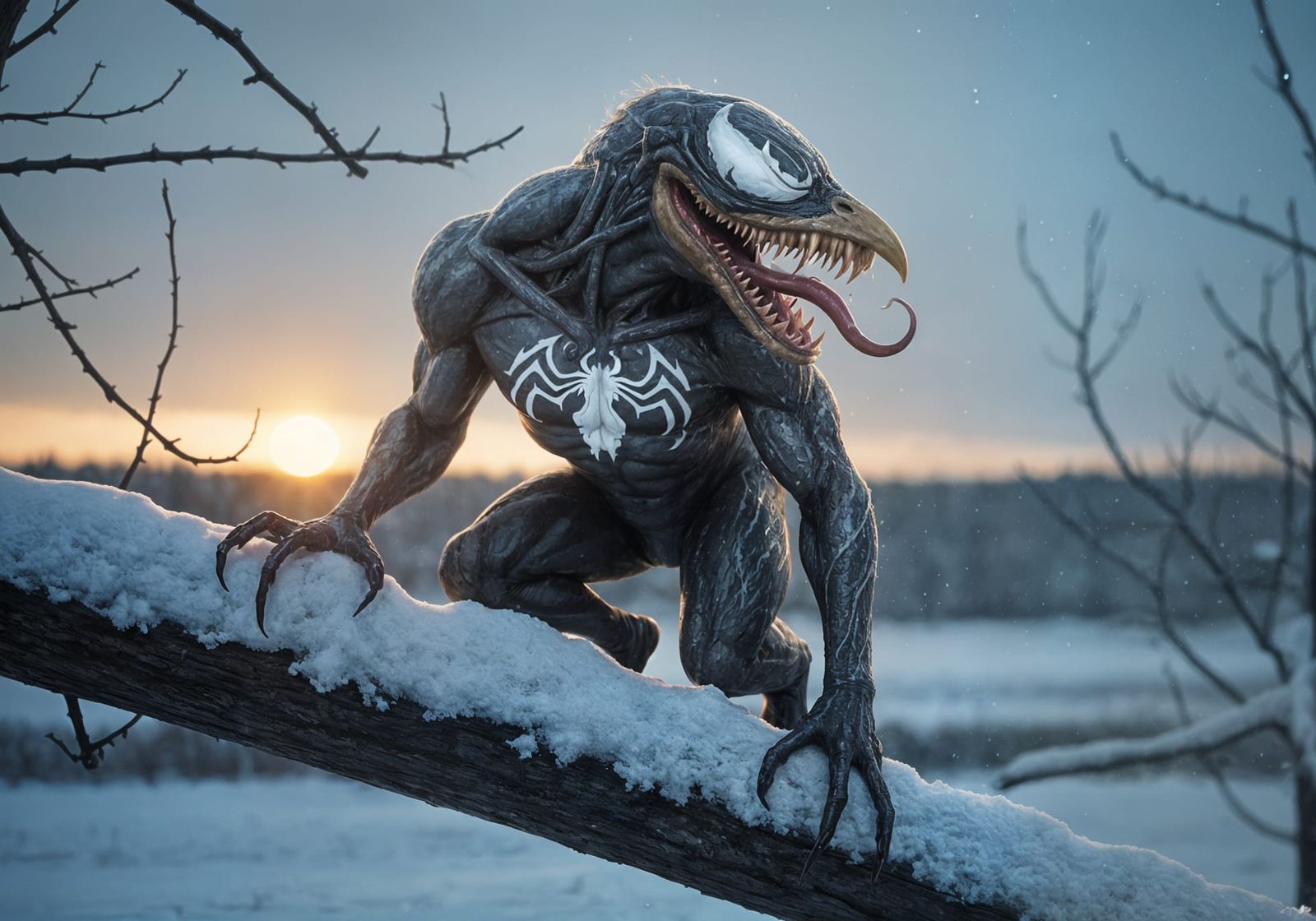 Venom Hybrid Creature on Snowy Branch
