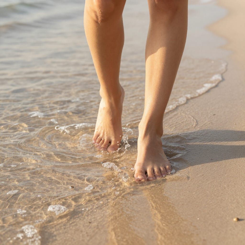 Feet in Shallow Beach Water at Golden Hour