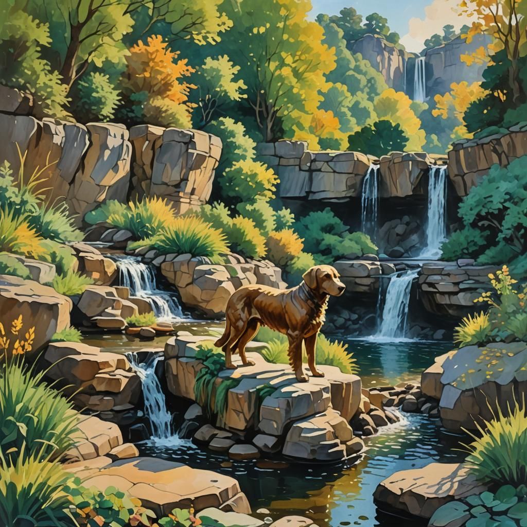 Gouache Dog Statue at Watering Hole, Impressionist Style