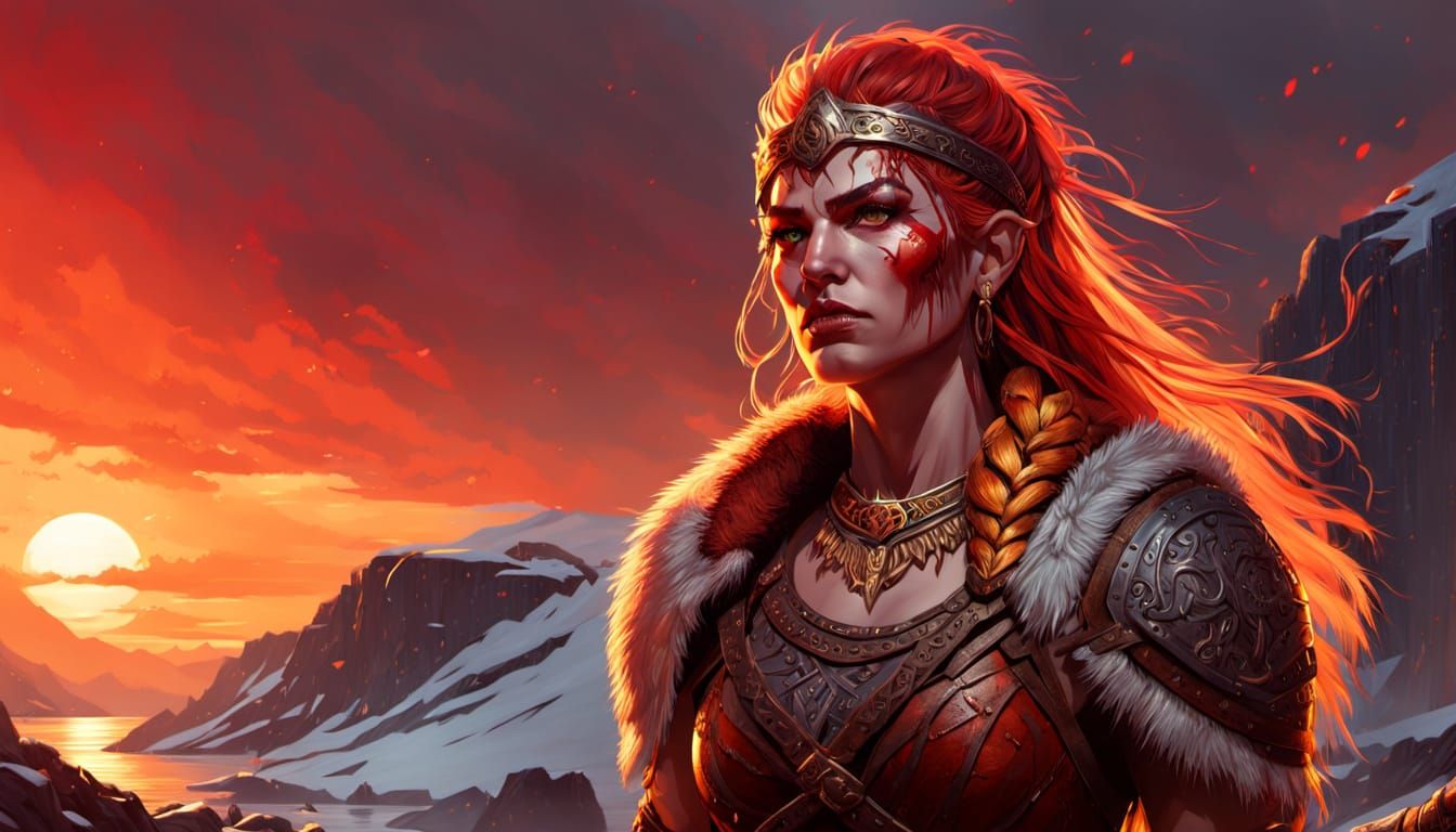 Epic Fantasy Barbarian Queen in Vibrant Sunset Hues