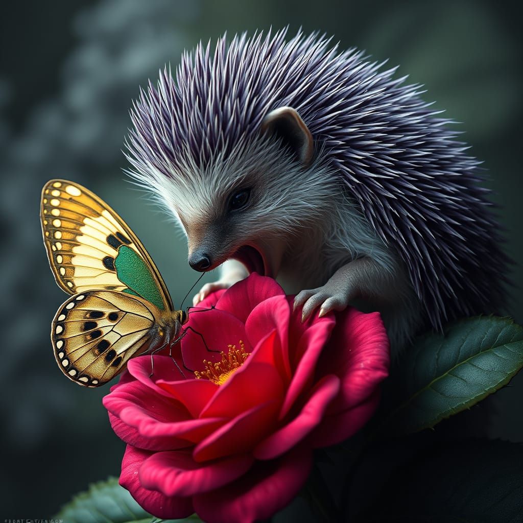 Hedgehog Chimera and Butterfly in Art Nouveau Style