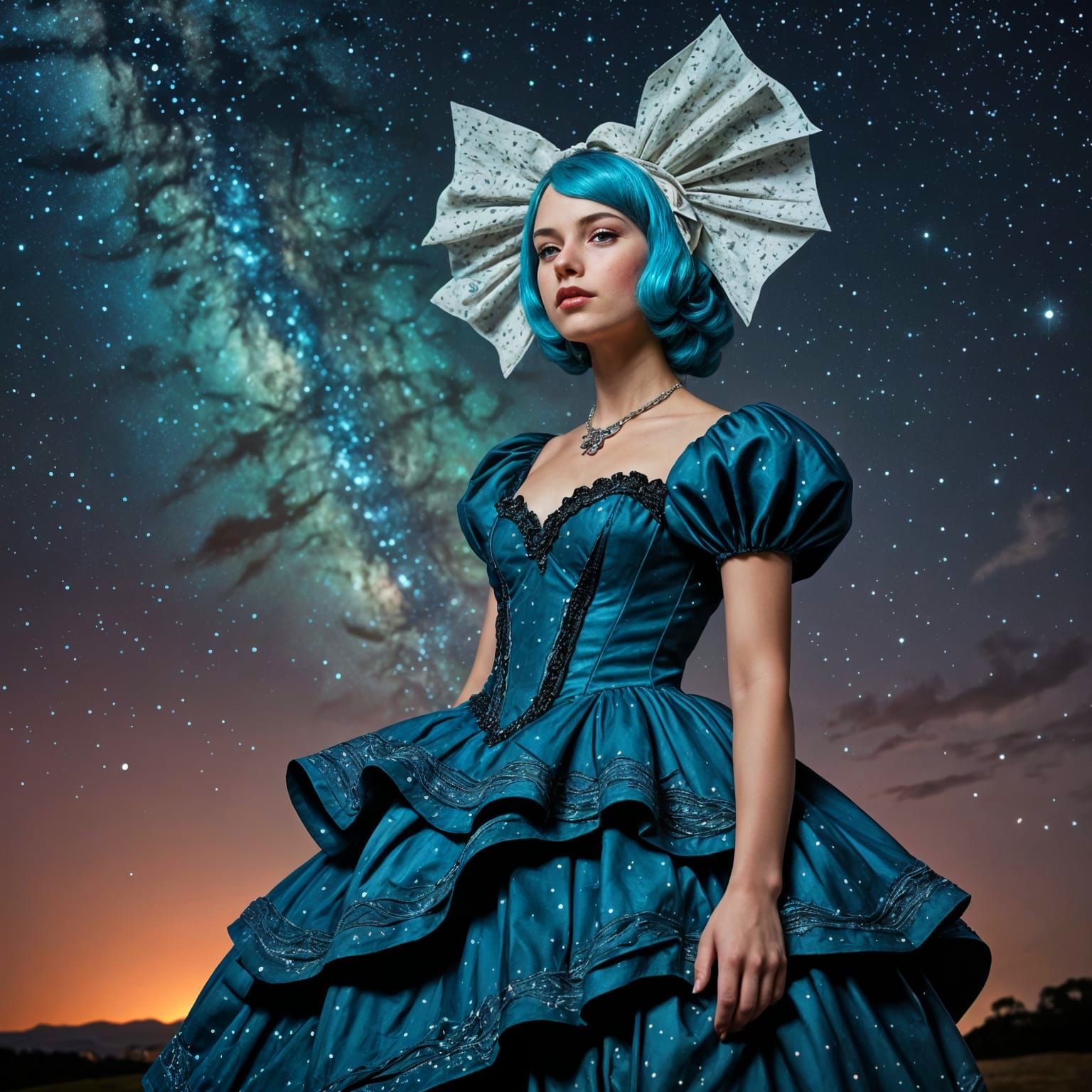 Southern Belle in Origami Latex Dress Under Galaxy Sky
