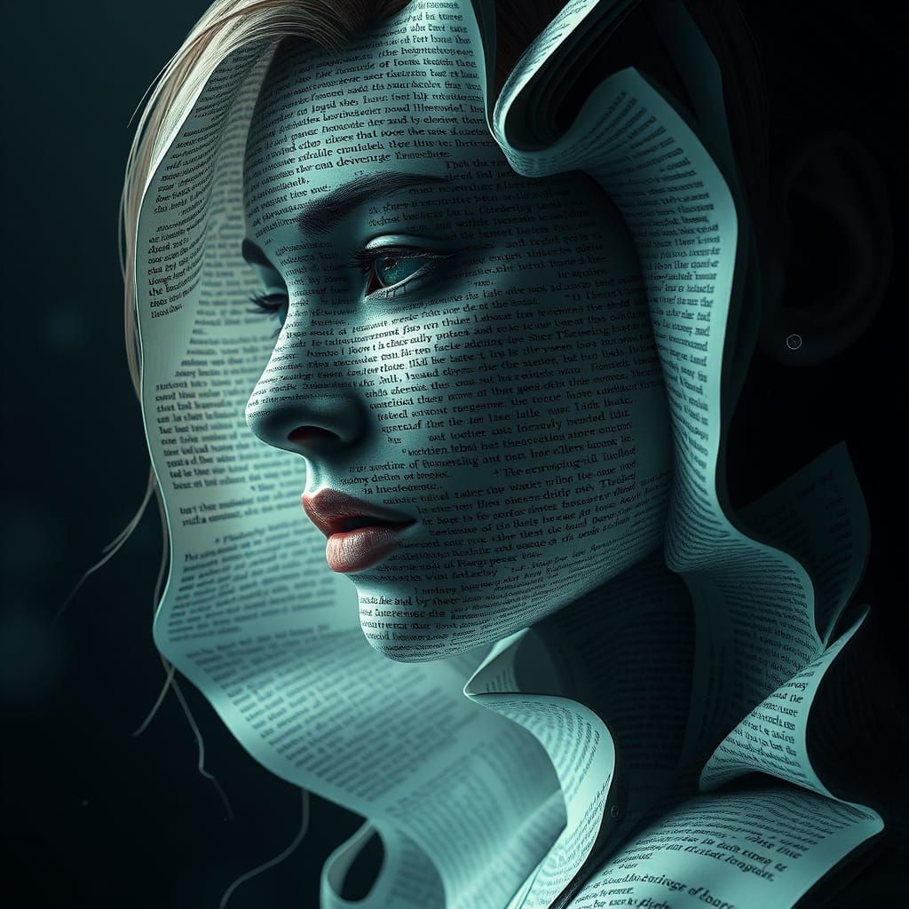 Ethereal Woman Born from Pages and Text in a Dark Fantasy Wo...