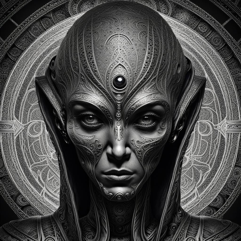 Alien Oracle Portrait with Etched Markings in Bomac Art