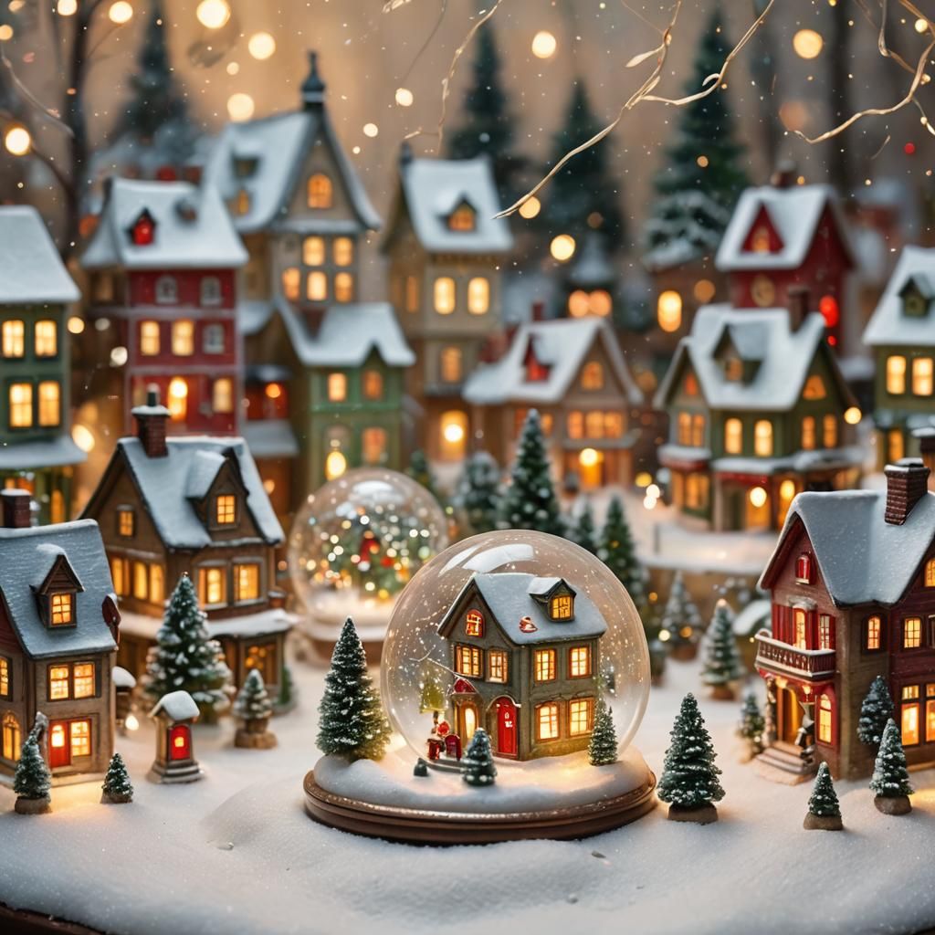 Miniature Victorian Village in Snow Globe Scene