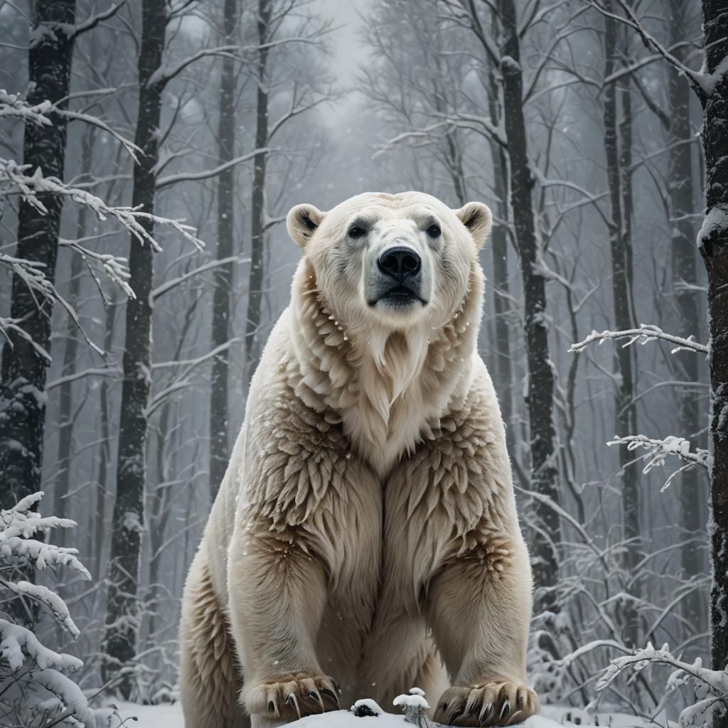 Hyper-Realistic Polar Bear in Snowy Forest