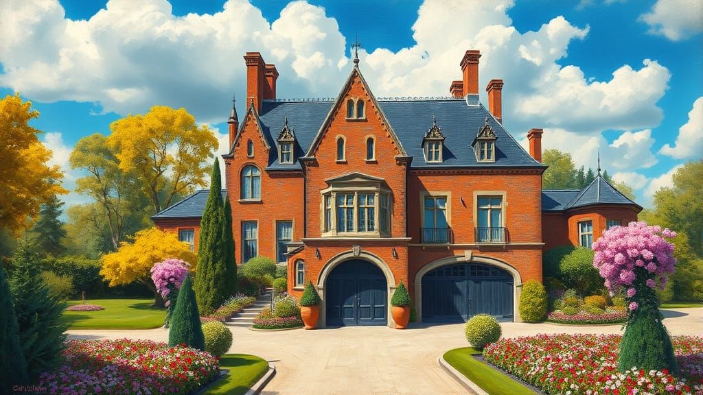 Grand Brick Chateau Surrounded by Vibrant Trees and Flowers