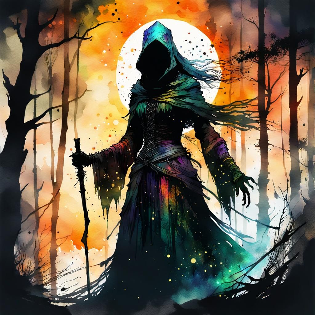 Scary Witch Silhouette in Dark Forest, Watercolor Art
