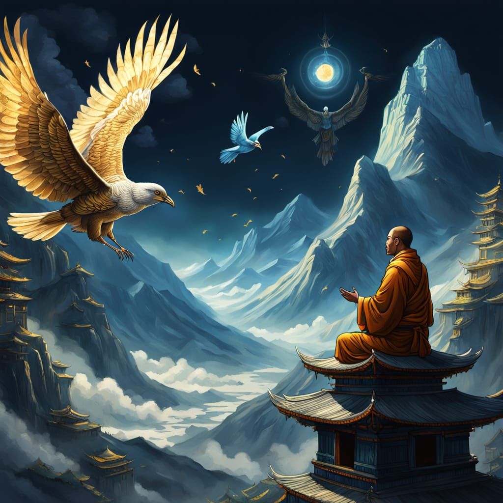 Sacred Ghost Bird Hovers Over Monk in Mountain Temple