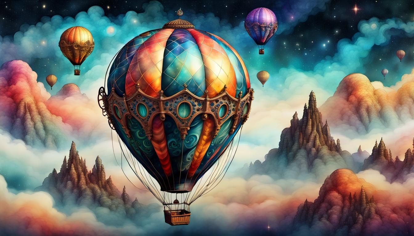 a solitary ornate hot air balloon traveling through space, steampunk, futuristic, watercolour and fine line mixed media,...