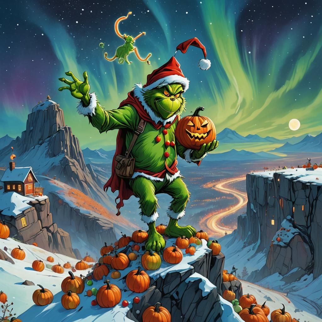Grinch with Pumpkin Head Under Northern Lights