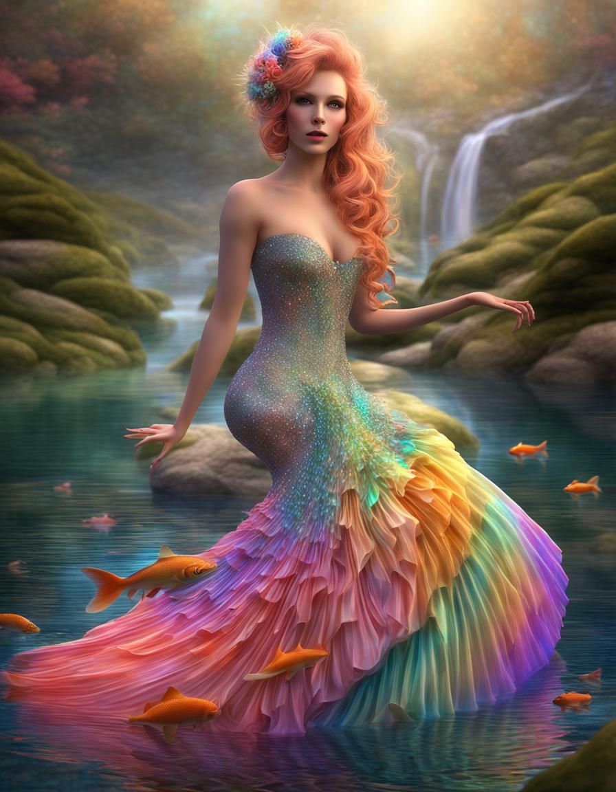 Dreamlike Figure in Rainbow Dress, 3D Rendered