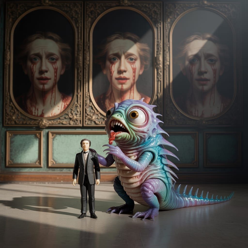 Bizarre Creature Nibbling Victorian Figurine in Gothic Room