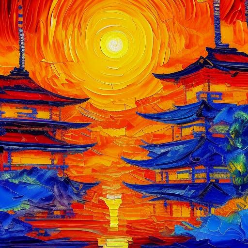 Japanese Warriors at Sunset: Neo-Impressionist Oil Painting