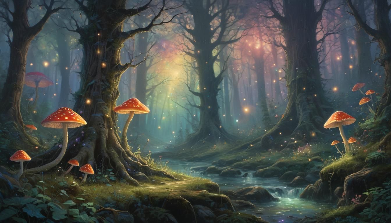 Fairy in Mystical Forest Under Aurora Borealis