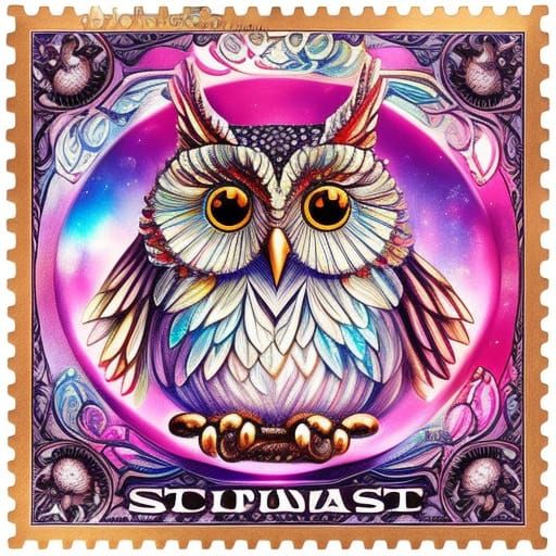 Ornate Crystal Owl Postage Stamp Art