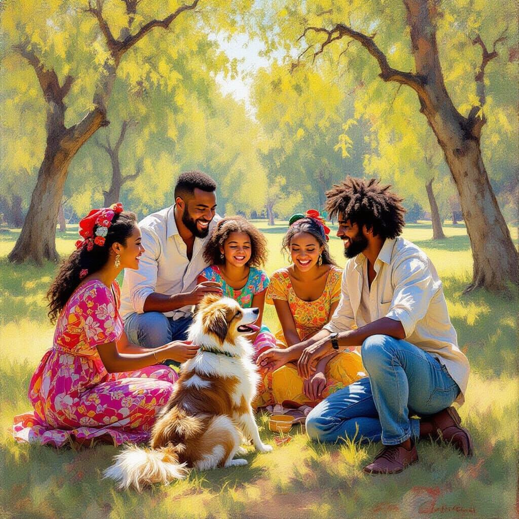 Diverse Ancestry People Play With Dog in Sunlit Park